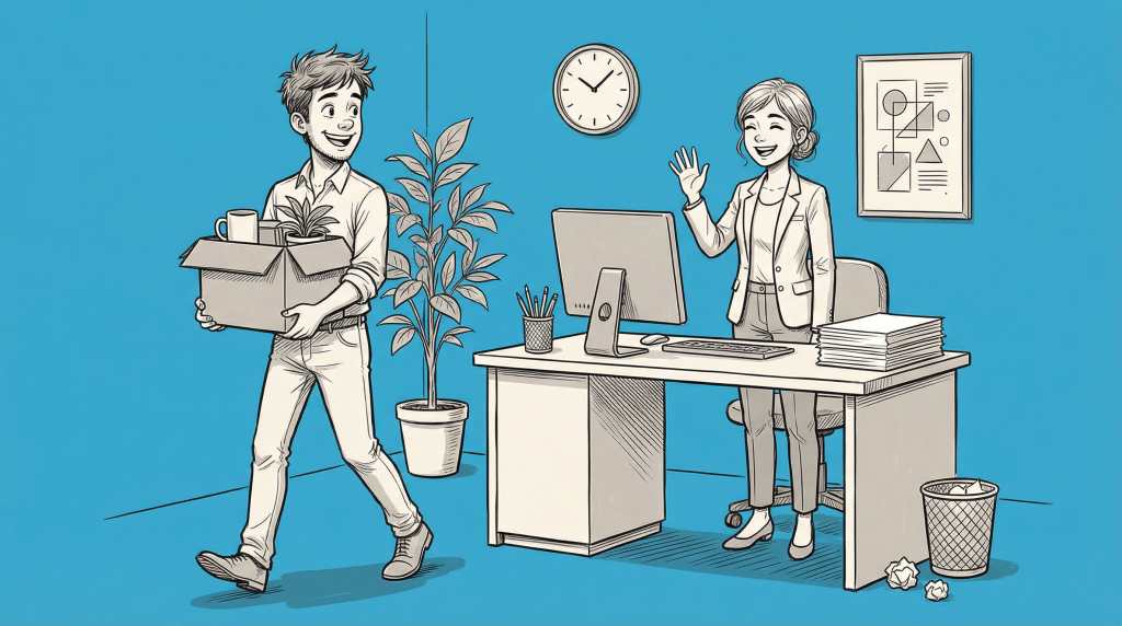 A person carrying a box of belongings walks out of an office — resignation letter guide