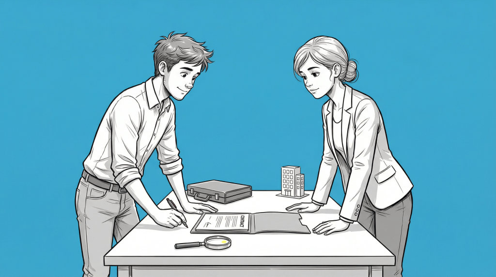 Two young professionals discussing a business purchase agreement at a table, with a blue background, a magnifying glass, and a briefcase nearby.
