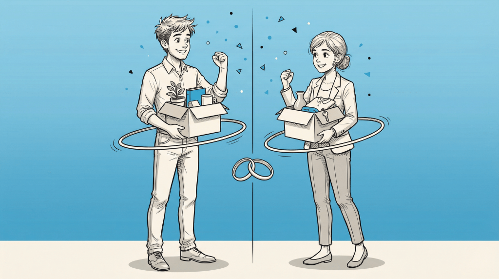 An illustration of a young man and woman celebrating, each holding a box of various items. They are surrounded by colorful geometric shapes, symbolizing a fresh start after a divorce settlement agreement, with wedding rings positioned in the center.