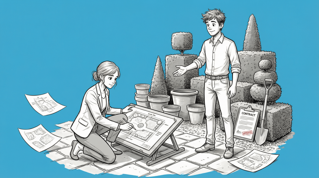 A woman kneeling next to a drafting table with landscape plans, while a man stands nearby holding a hand out, surrounded by potted plants and decorative shrubs against a bright blue background.