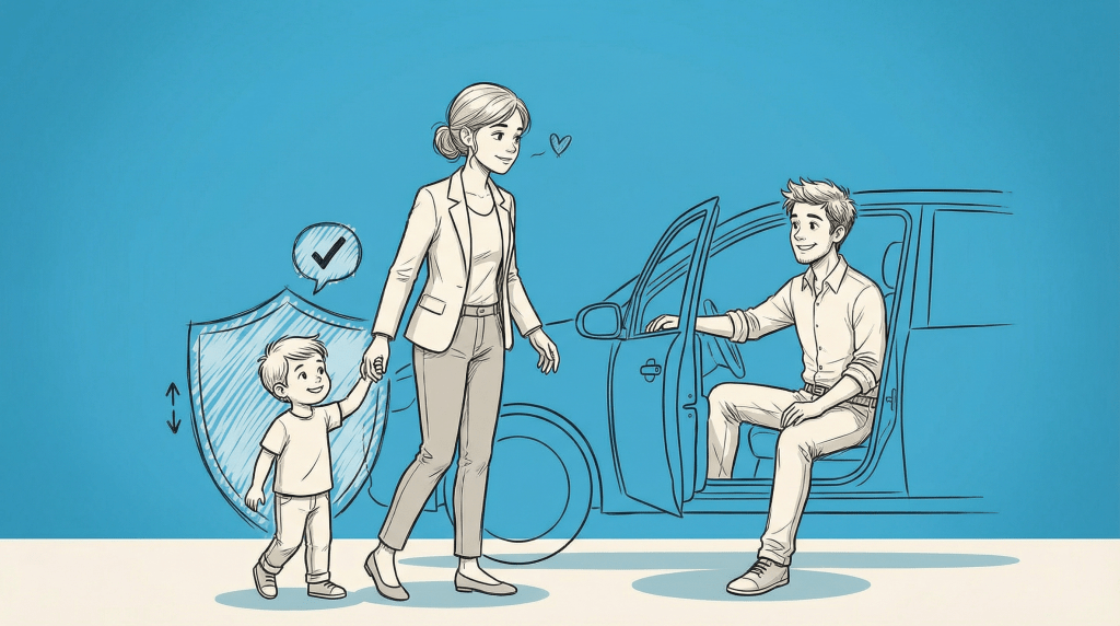 A woman holding a child's hand walks towards a car, while a man sitting inside smiles at them. A shield icon with a check mark is in the background, suggesting a safe parenting plan arrangement.