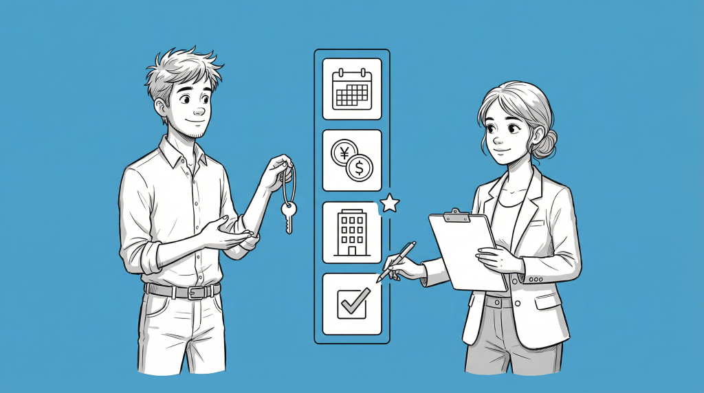 An illustration featuring a young man holding keys and a young woman with a clipboard, with icons representing a calendar, currency, money, and a checklist in the background.