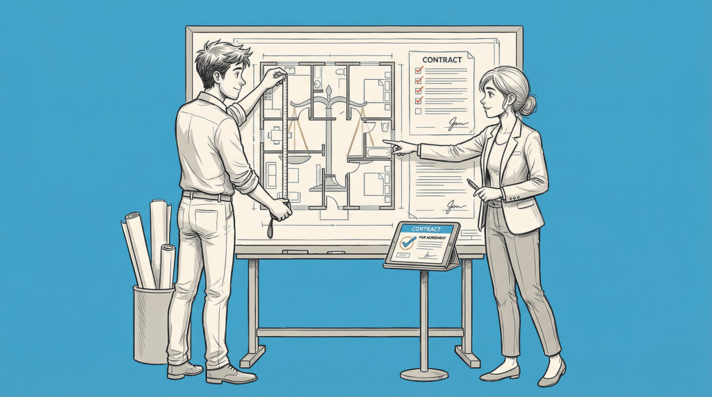 A man pointing at a blueprint on a board while a woman gestures towards a contract document on a stand, set against a blue background.