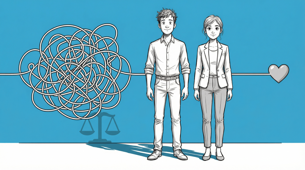 Illustration of a young man and woman standing side by side, with a tangled line representing complexity on one side and a heart symbol on the other, set against a blue background.