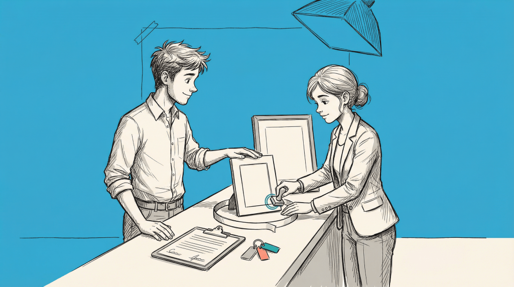 A parent and photographer reviewing a model release form for minors at a desk with documents and photography equipment