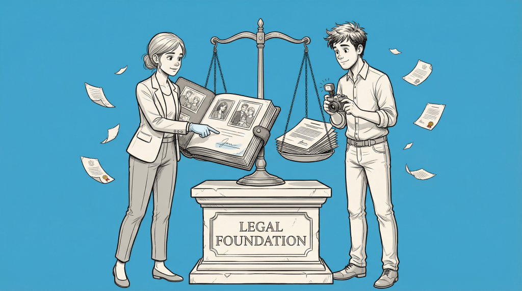An illustrated image of a legal foundation symbolizing justice, featuring a woman pointing at an open photo album on one side and a man holding a camera on the other, with documents floating around them.