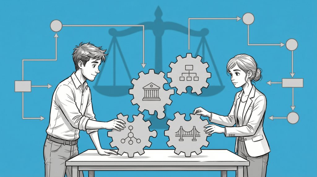Illustration of two people interacting with gears representing different systems, with a backdrop of scales symbolizing justice and a blue background — LLC operating agreement