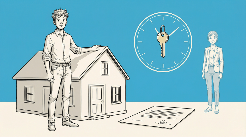 An illustration of a young man standing next to a house, presenting a key. A woman in business attire stands nearby, with a clock and a document in the background.