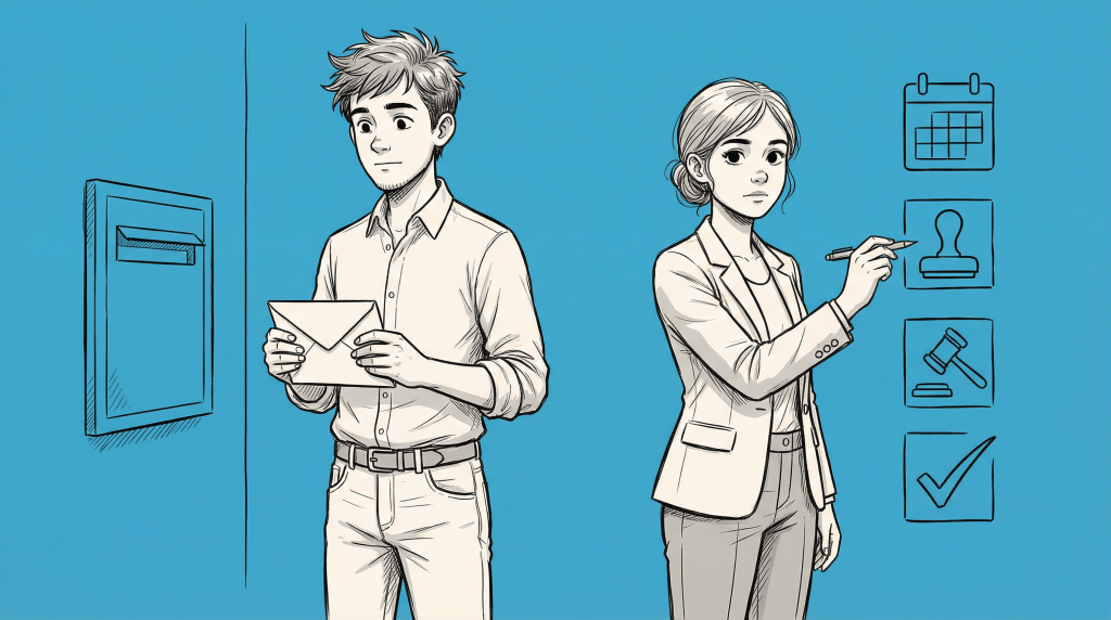 A young man holding an envelope stands next to a mail slot, while a young woman in business attire points at a checklist with icons representing scheduling, a stamp, a gavel, and completion.