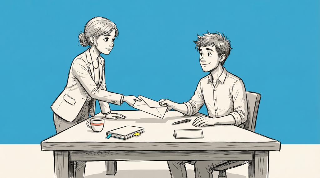 A manager handing an employment offer letter to a smiling new hire seated at a desk — using GO LAW's free employment offer letter template