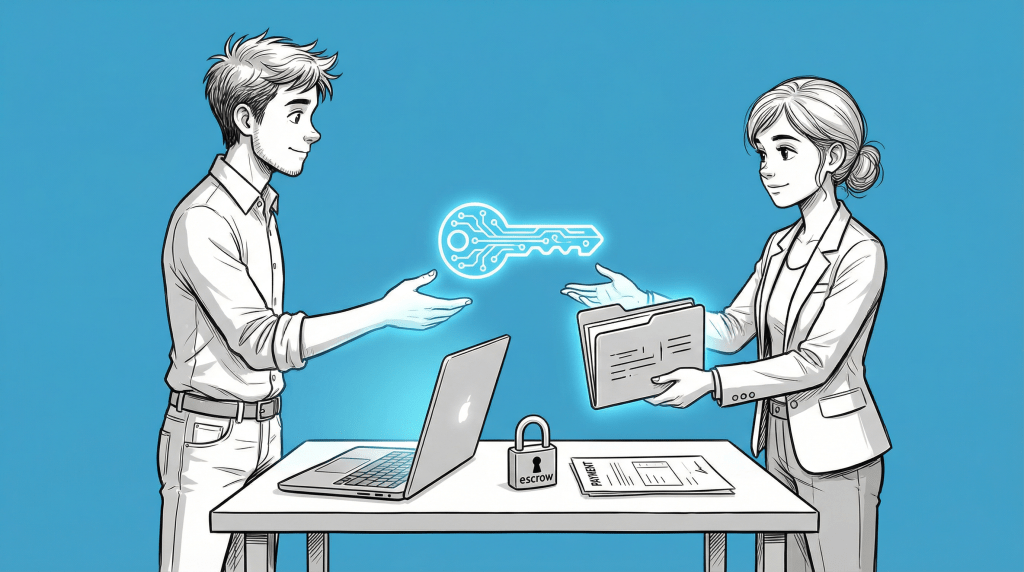 A man and a woman exchanging digital keys and documents at a table with a laptop, symbolizing a domain transfer agreement transaction.