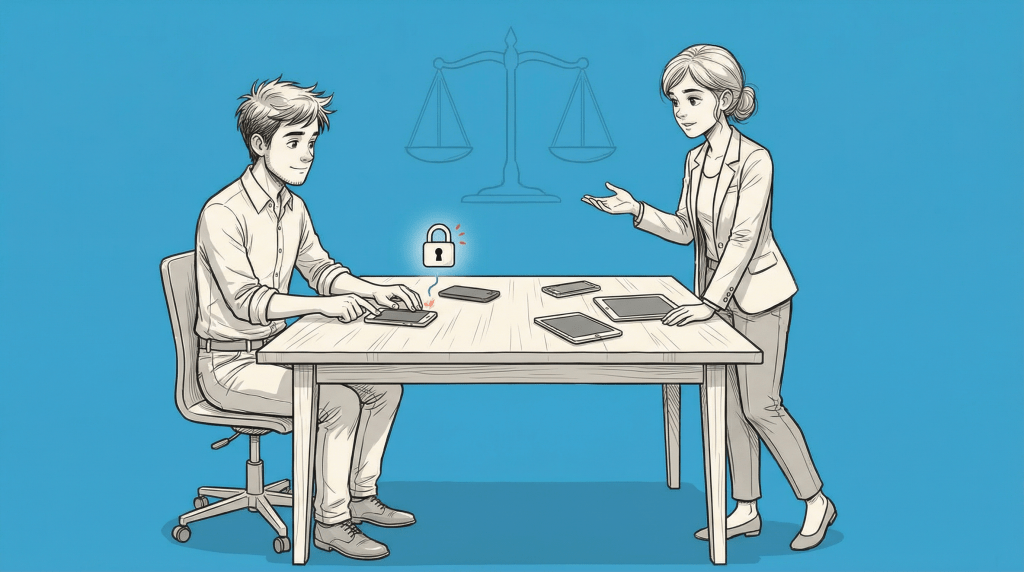 A young man sitting at a table using a laptop with a lock icon displayed, while a woman in business attire stands beside him gesturing towards an array of tablets, with a scale icon in the background.