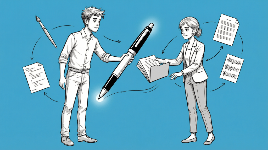 An illustration showing a young man handing a pen to a young woman, with documents floating around them on a blue background, representing a copyright transfer agreement.