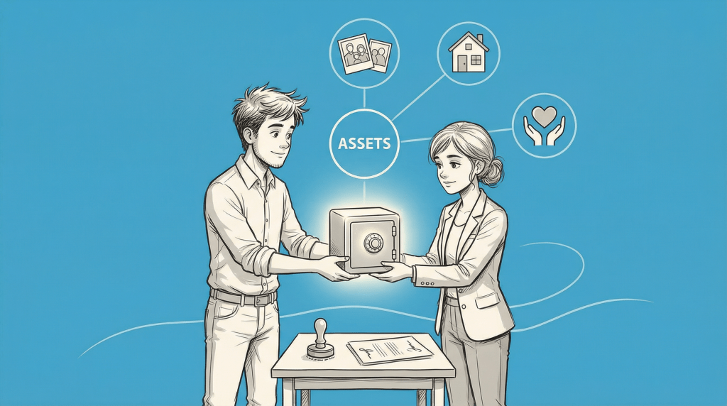 A woman in a business suit handing over a safe to a young man, symbolizing revocable living trust asset management, with icons representing family photos, a house, and a heart above them.