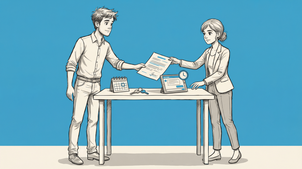 A man and a woman exchanging a document at a table in a modern office setting, with a calendar and a clock visible in the background.