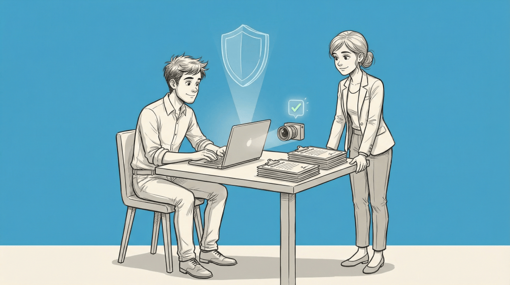 An illustration of a young man working on a laptop at a table, smiling while a woman stands beside him, observing. A shield symbol and a camera icon with a checkmark overlay the scene, suggesting themes of security and approval in video release forms.