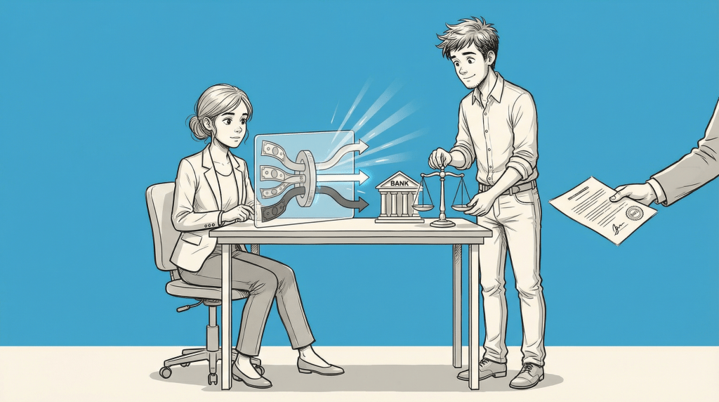 An illustration depicting a woman sitting at a table with a transparent display showing flowing money, and a man standing beside her holding a scale and a document. They are in a setting related to anti-money laundering policy and legal compliance, with a blue background.