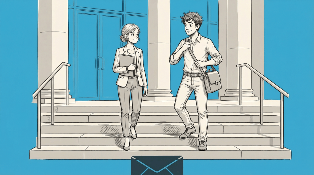 A professional woman and a young man walking down the steps of a building, with the woman holding a folder and the man carrying a bag.