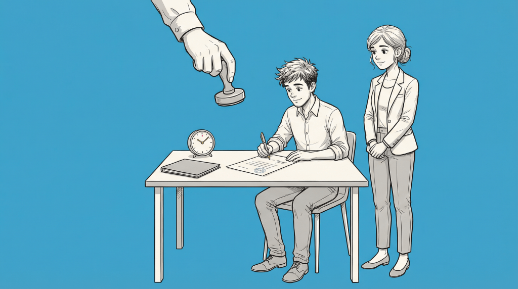 A young man sitting at a table, signing a tenancy application form, while a hand above him is about to stamp it. A woman stands beside him, watching, with a clock and a notepad on the table.